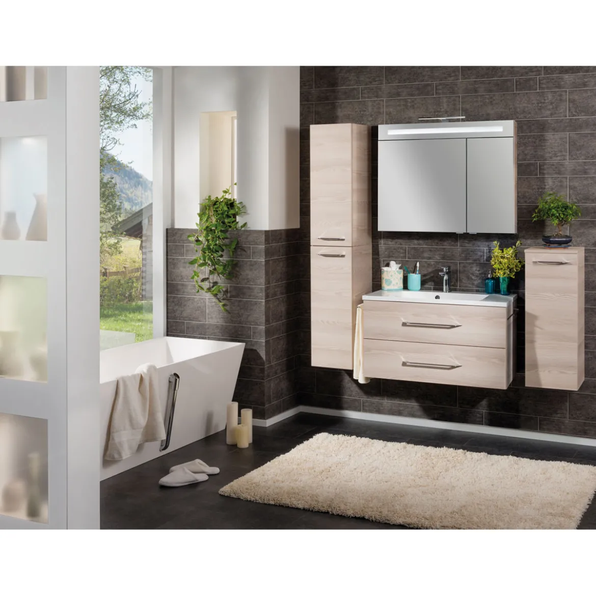 B.Clever WBU 90cm inkl.Gussmarmor-BeckenAuzuege m. SoftClose, Alska Esche