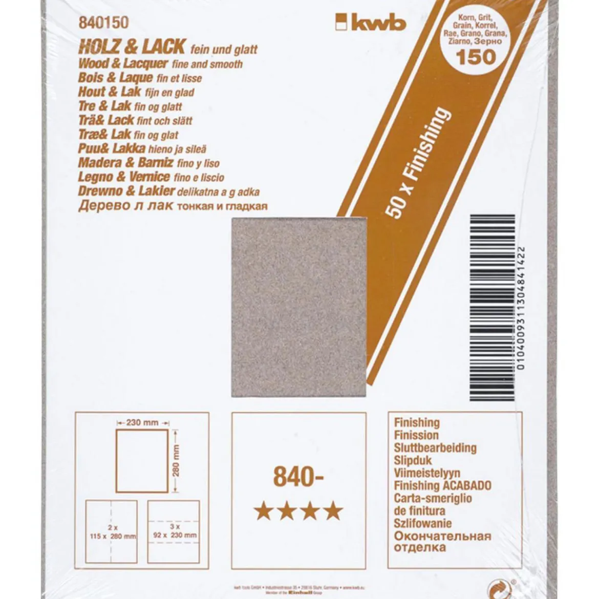 kwbSchleifpapier Holz und Lack Finishing 230 x 280 mm K150