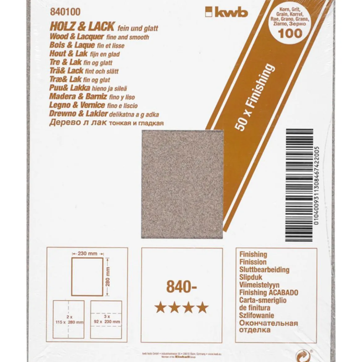 kwbSchleifpapier Holz und Lack Finishing 230 x 280 mm K100