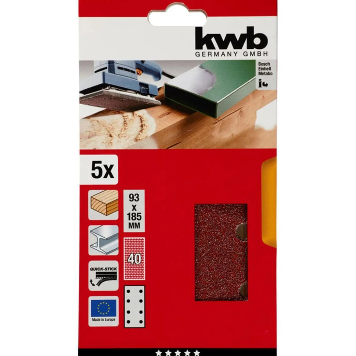 kwbSchleifstreifen Quick-Stick Holz und Metall 93 x 185 mm K40