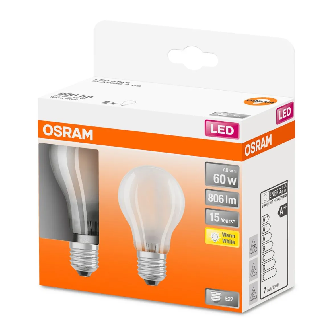 LED Gluehlampe E27 806lm 2.700 K 60WErsatz warmweiss Filament matt 2er Pack