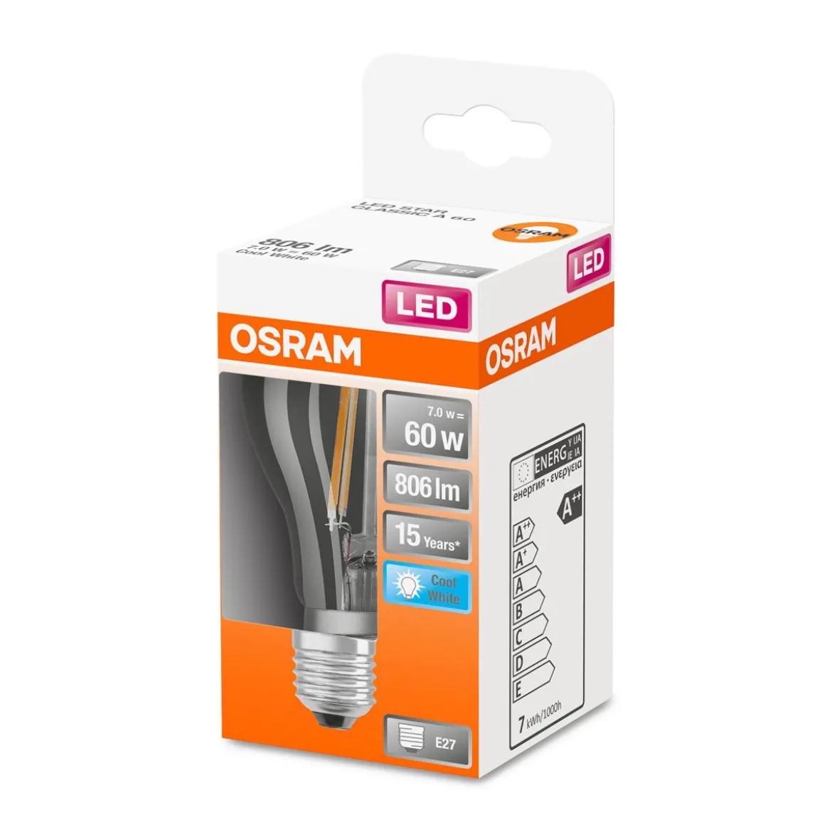 LED Gluehlampe E27 806lm 4.000K 60 WErsatz kaltweiss Filament klar