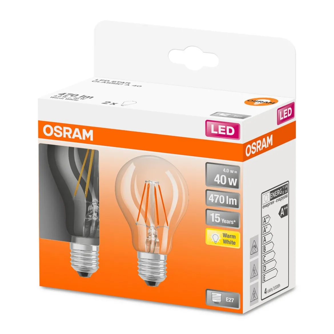 LED Gluehlampe E27 470lm 2.700K 40WErsatz warmweiss Filament klar 2er Pack