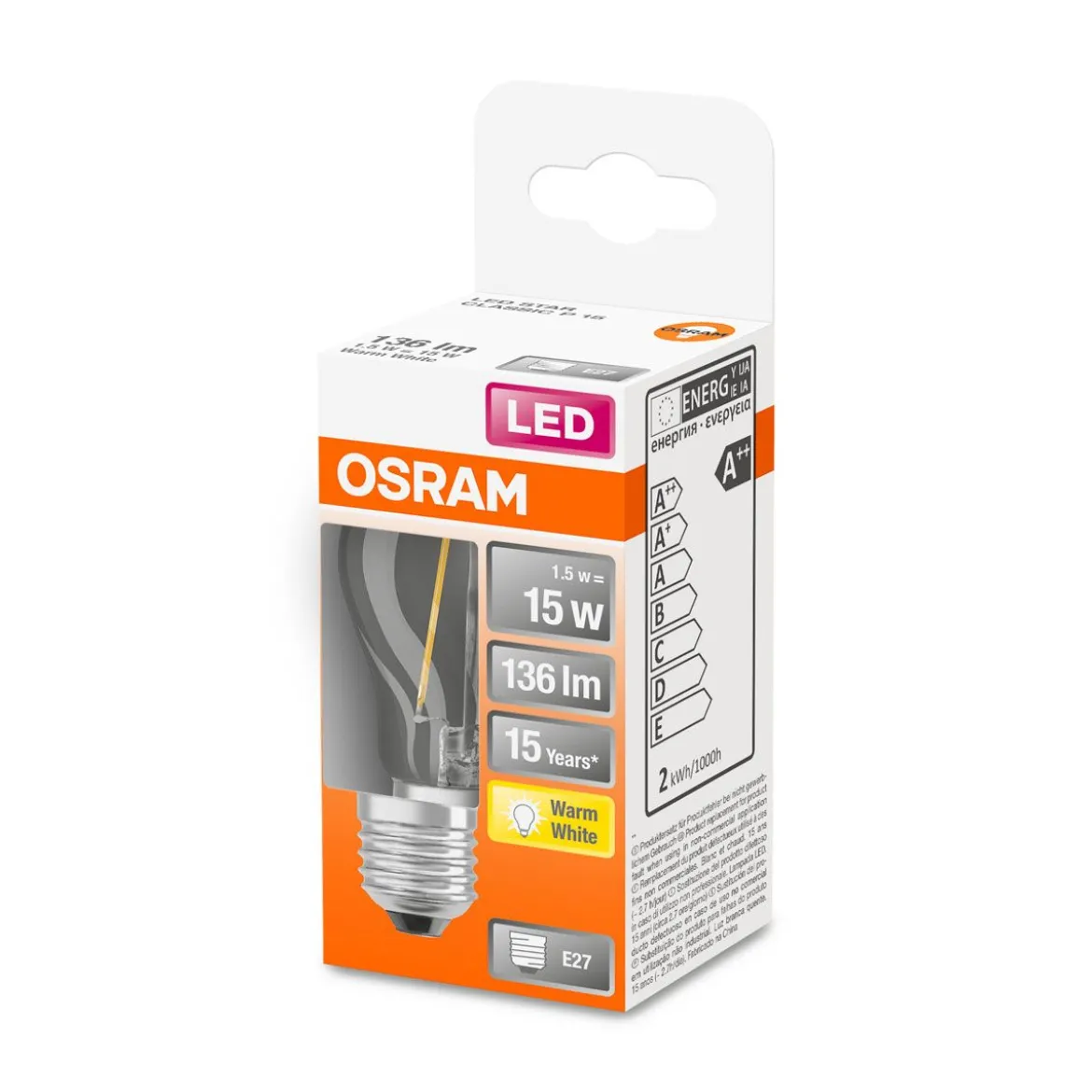LED Tropfen E27 136lm 2.700K 15 WErsatz warmweiss Filament klar