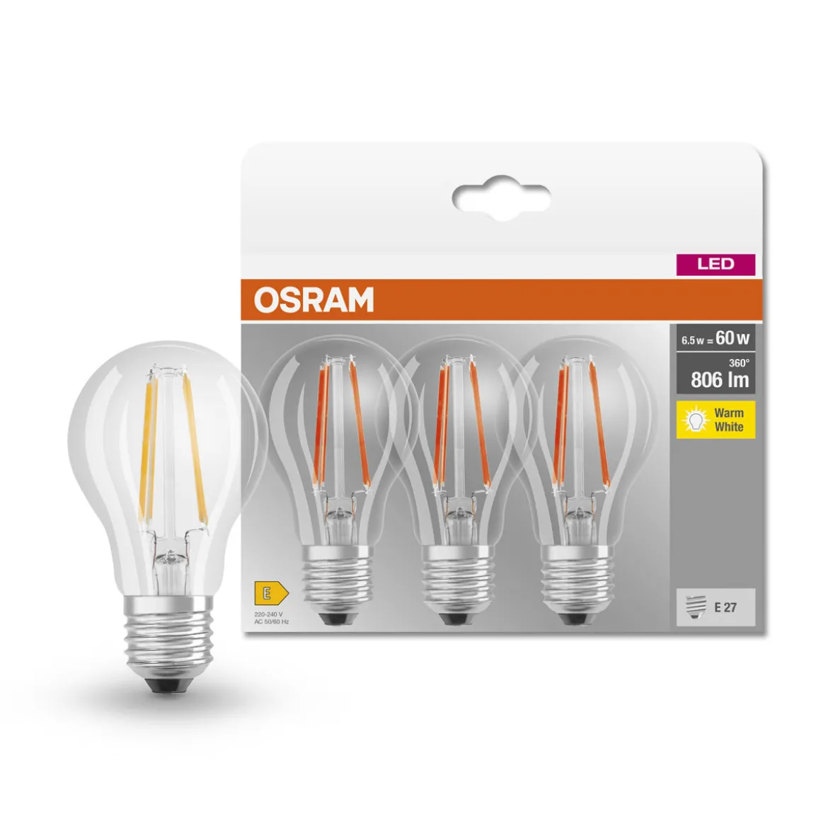 Osram LED-Leuchtmittel-Set Base Classic A 7W klar 3 Stück