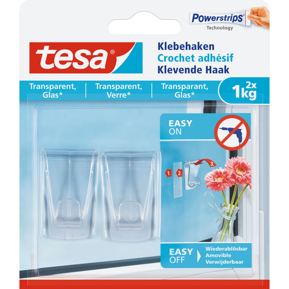 Tesa Klebehaken transparent Glas 2 Stück Traglast 2 x 1 kg
