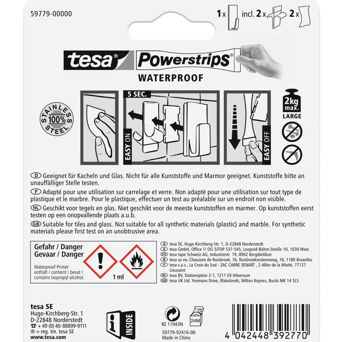Tesa Powerstrips Waterproof Haken Large Metall rechteckig