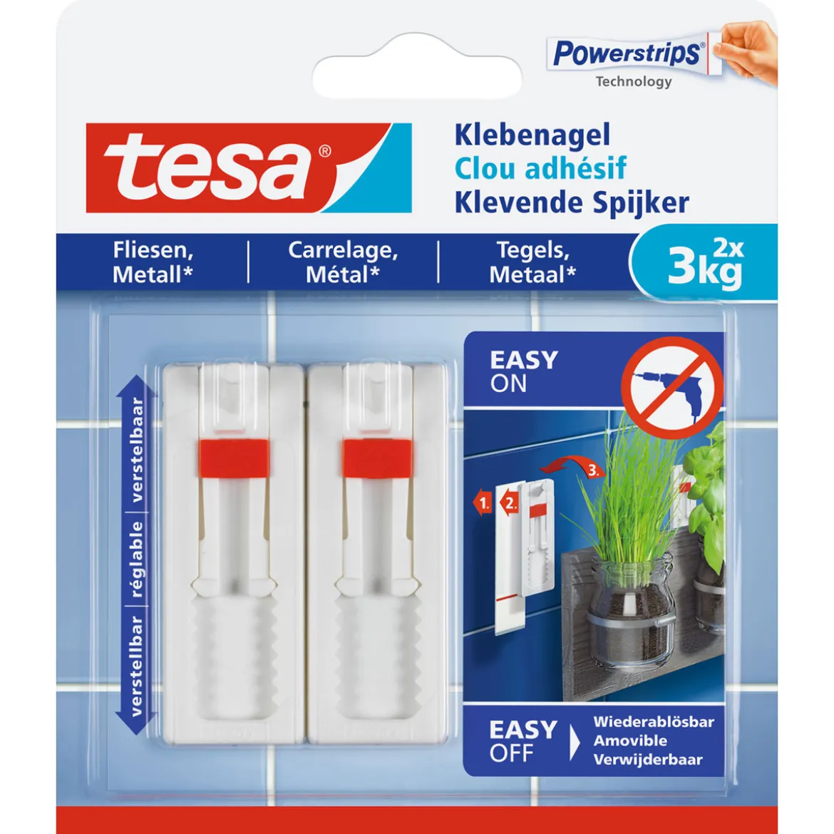 Tesa Klebenagel für Fliesen verstellbar 2 Stück Traglast 2 x 3 Kg