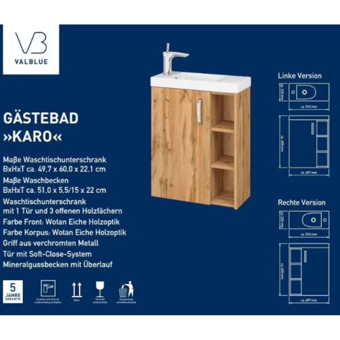 Valblue Gäste-Waschplatz SET Karo Wotan Eiche best. aus WBU, MG-Becken, Spiegelschrank B50cm
