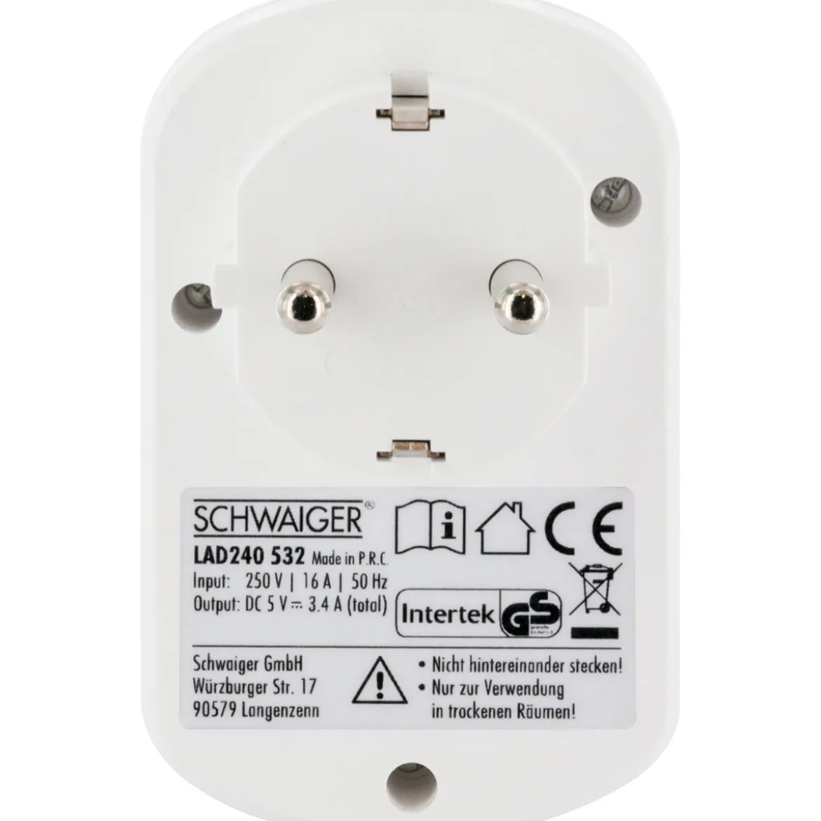 230V Ladeadapter m. Steckd. 2xUSB 3.4Aweiss