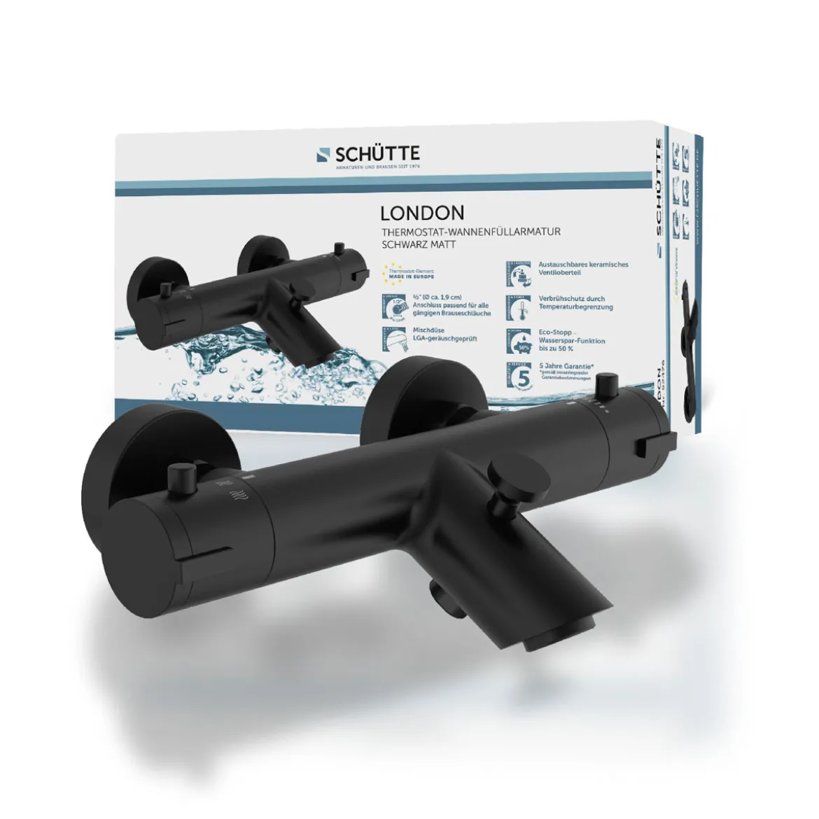 Wannentherm. London,schwarz-matt, 1/2Verbruehschutz und Wassersparfunktion